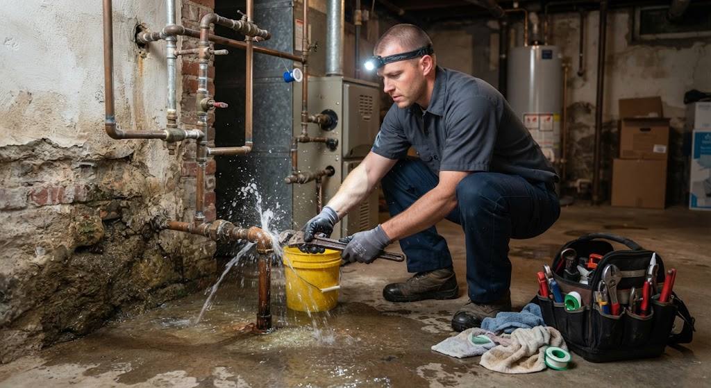 Professional leak detection Monroe Township NJ technician using acoustic pinpointing equipment